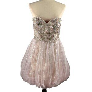 Tony Bowls Jeweled & Lace Bodice Pink Tulle & Silver Short Bubble Dress …